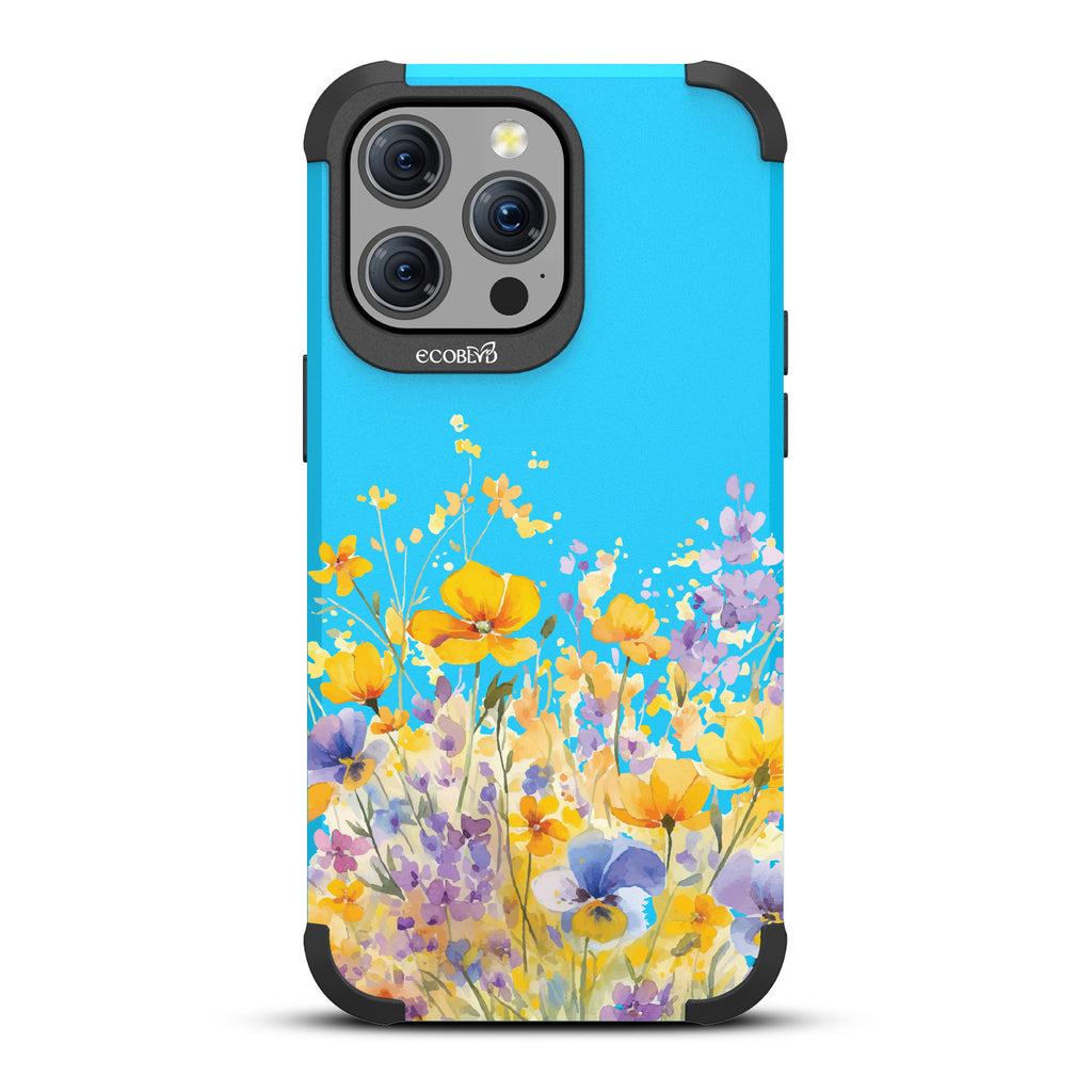iPhone 15 Pro Max case, rugged compostable phone case in blue, back view, Meadowlight design