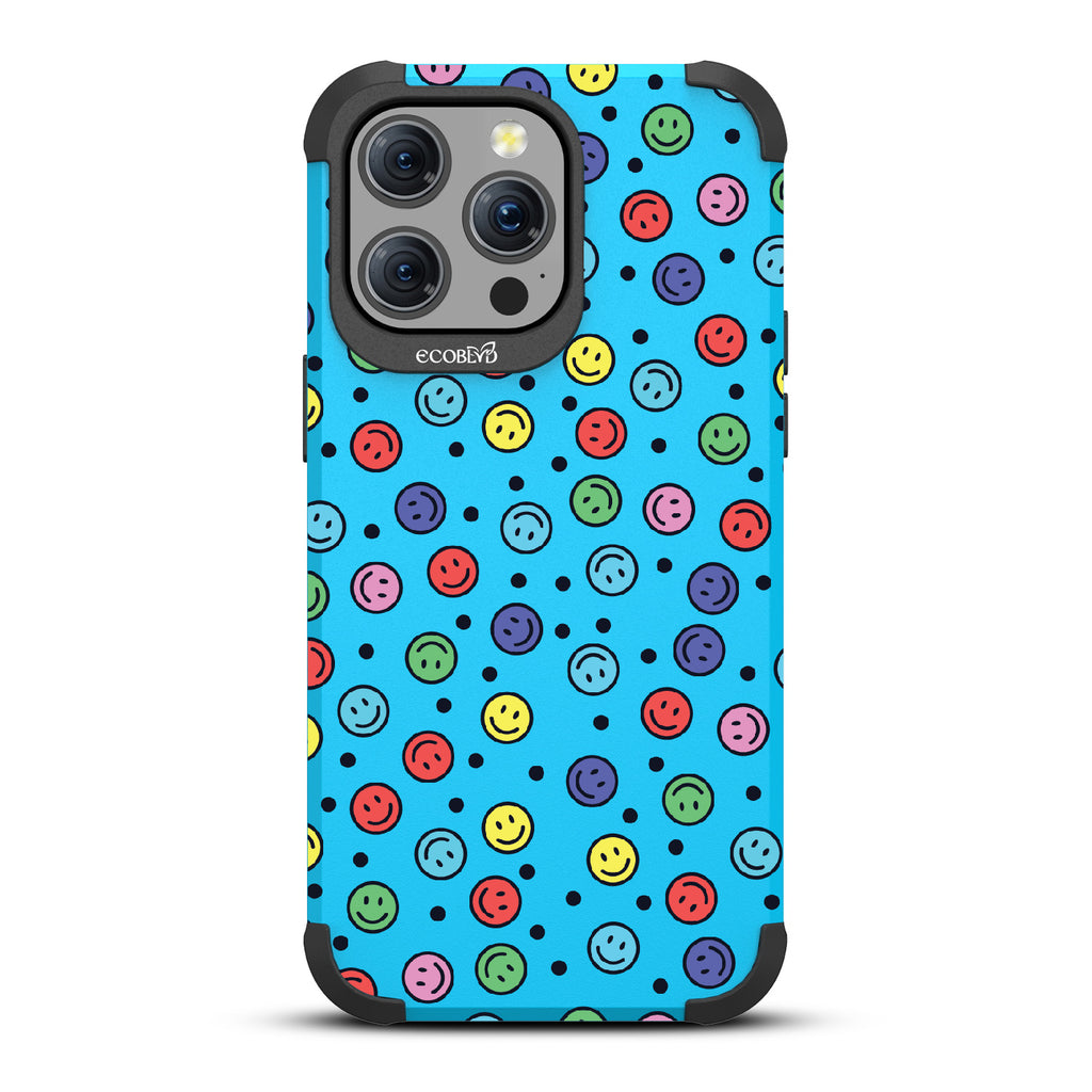 All Smiles - Multi Colored Smiley Faces & Black Dots - Blue Eco-Friendly Rugged iPhone 15 Pro Max MagSafe Case 