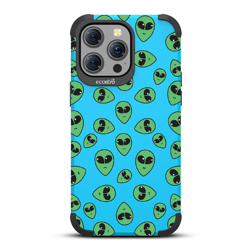 Aliens - Green Cartoon Alien Heads - Blue Eco-Friendly Rugged iPhone 15 Pro Max MagSafe Case