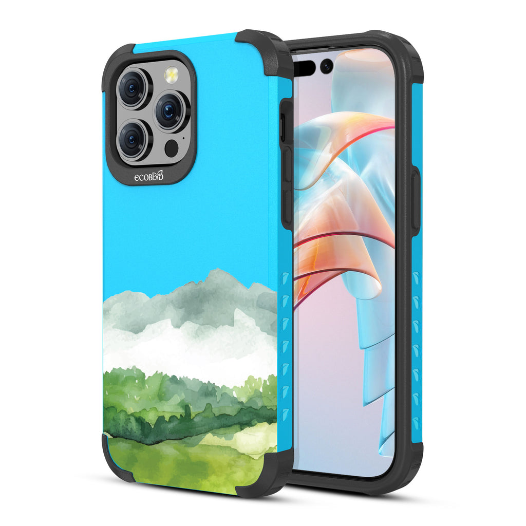 Front and back view of iPhone 15 Pro Max case, rugged compostable phone case in blue, Open Horizon design