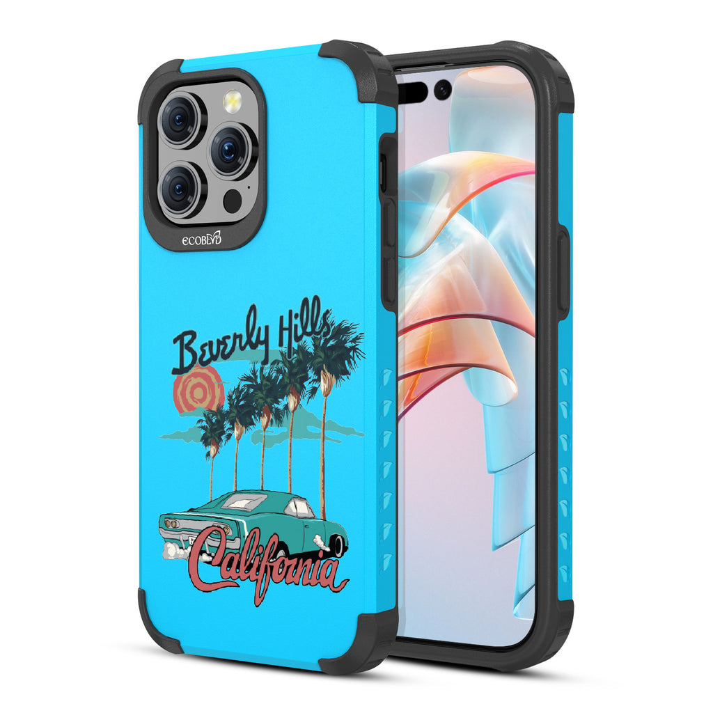 Front and back view of iPhone 15 Pro Max case, rugged compostable phone case in blue, 90210 design