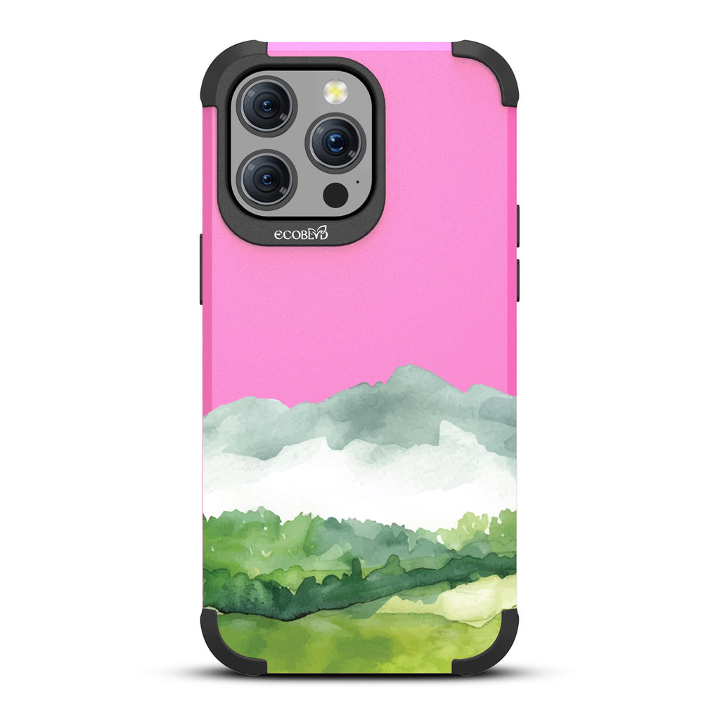 iPhone 15 Pro Max case, rugged compostable phone case in pink, back view, Open Horizon design