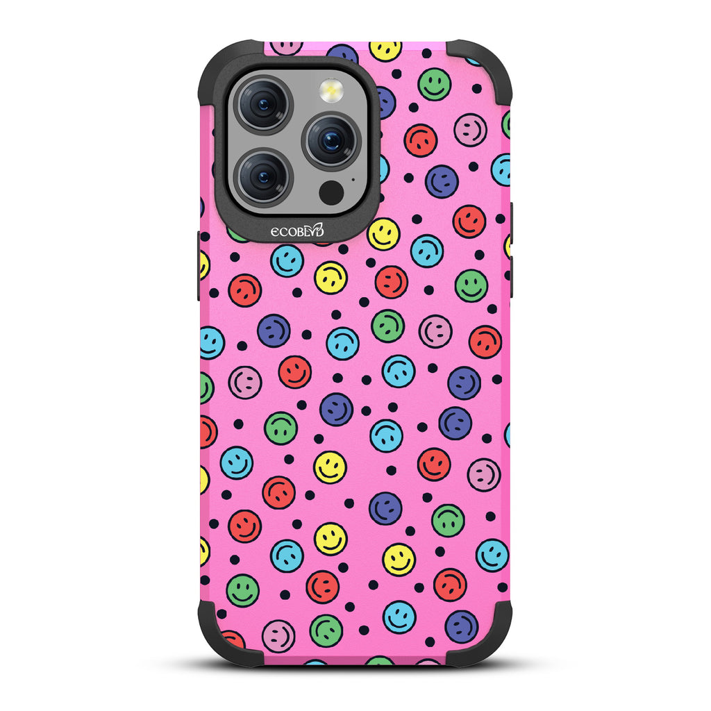 All Smiles - Multi Colored Smiley Faces & Black Dots - Pink Eco-Friendly Rugged iPhone 15 Pro Max MagSafe Case 