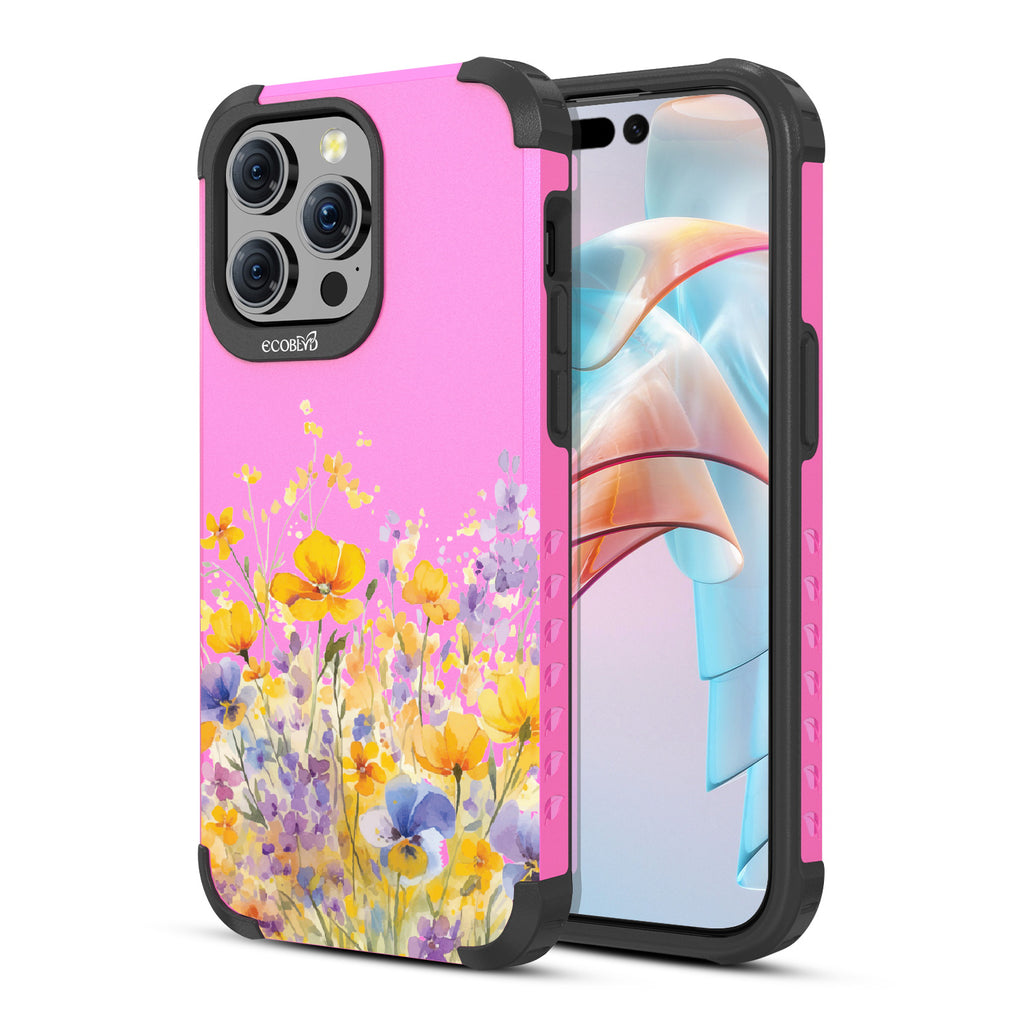 iPhone 15 Pro Max case, rugged compostable phone case in pink, back view, Meadowlight design