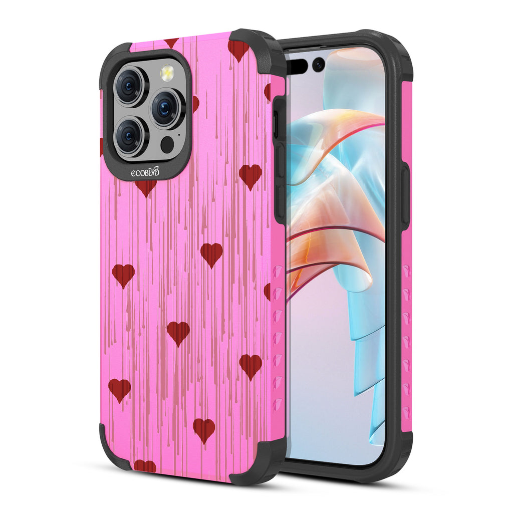 Bleeding Hearts - Back View Of Pink Eco-Friendly iPhone 15 Pro Max Rugged MagSafe Case & Front View Of Screen