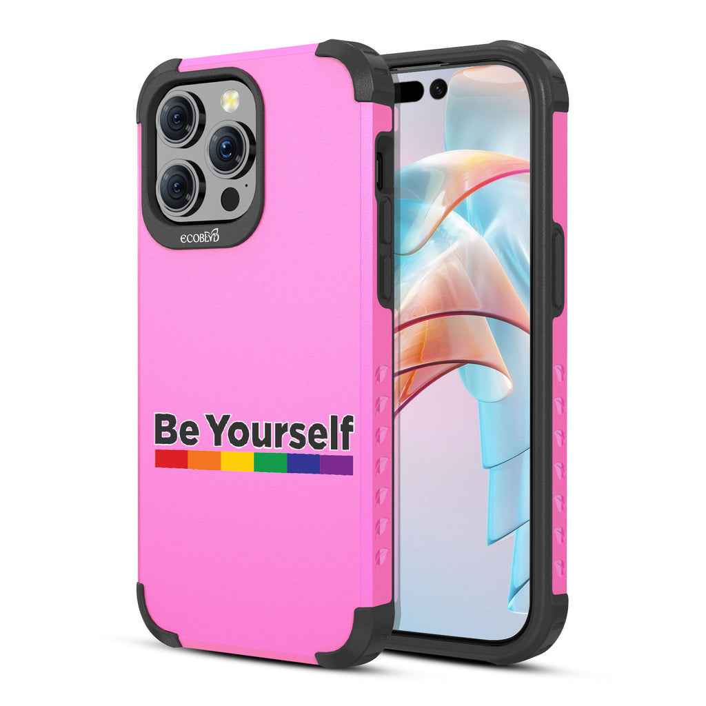 Be Yourself - Back View Of Pink Eco-Friendly iPhone 15 Pro Max Rugged MagSafe Case & Front View Of Screen
