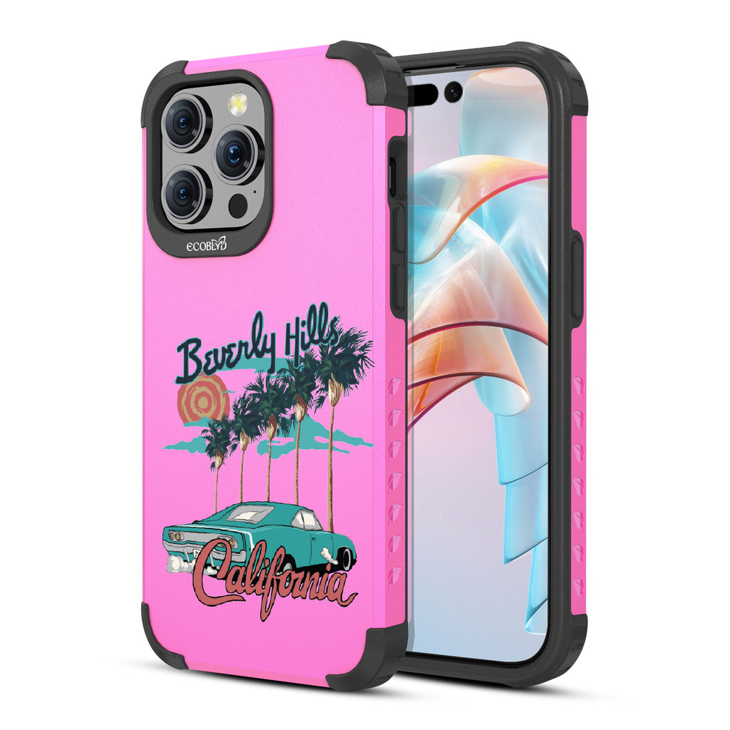 Front and back view of iPhone 15 Pro Max case, rugged compostable phone case in pink, 90210 design