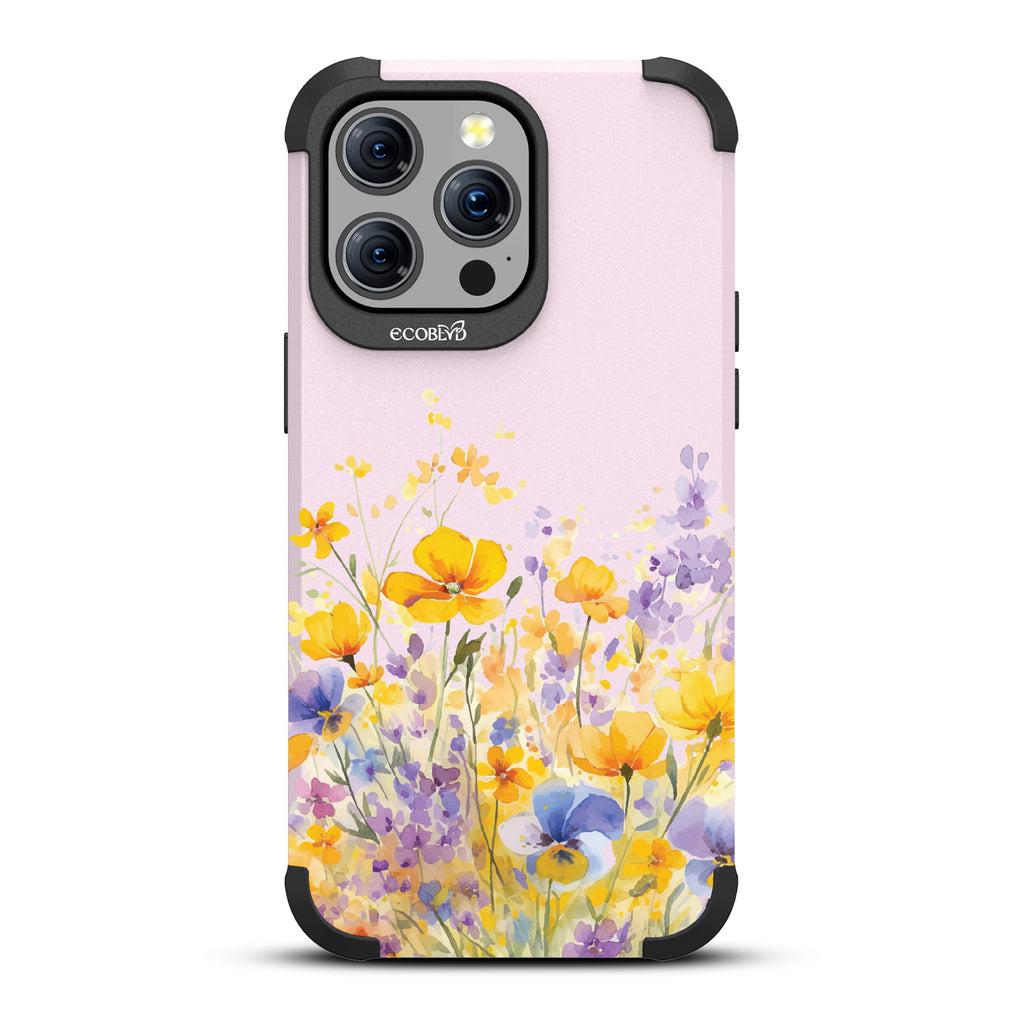 iPhone 15 Pro Max case, rugged compostable phone case in lilac, back view, Meadowlight design