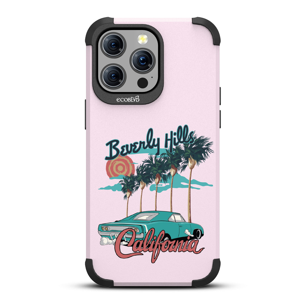 iPhone 15 Pro Max case, rugged compostable phone case in lilac, back view, 90210 design