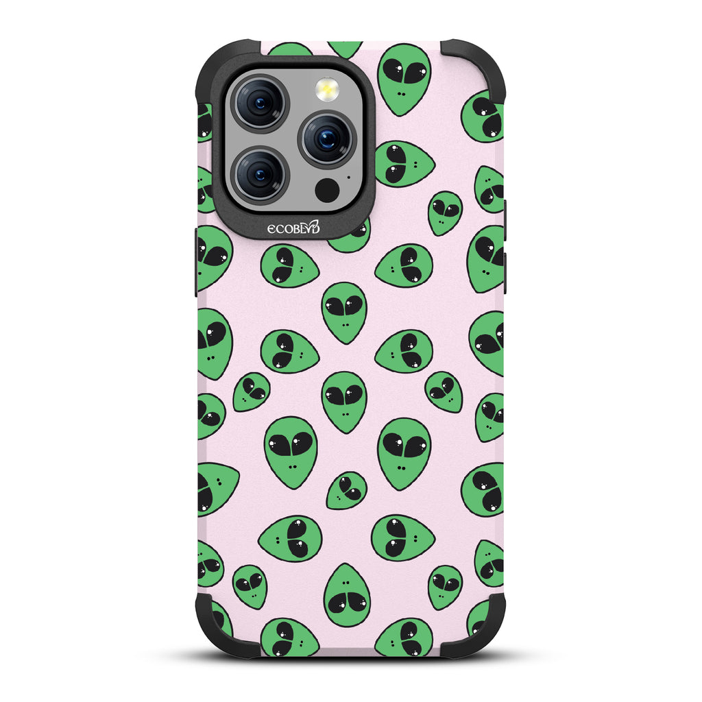 Aliens - Green Cartoon Alien Heads - Pastel Lilac Eco-Friendly Rugged iPhone 15 Pro Max MagSafe Case