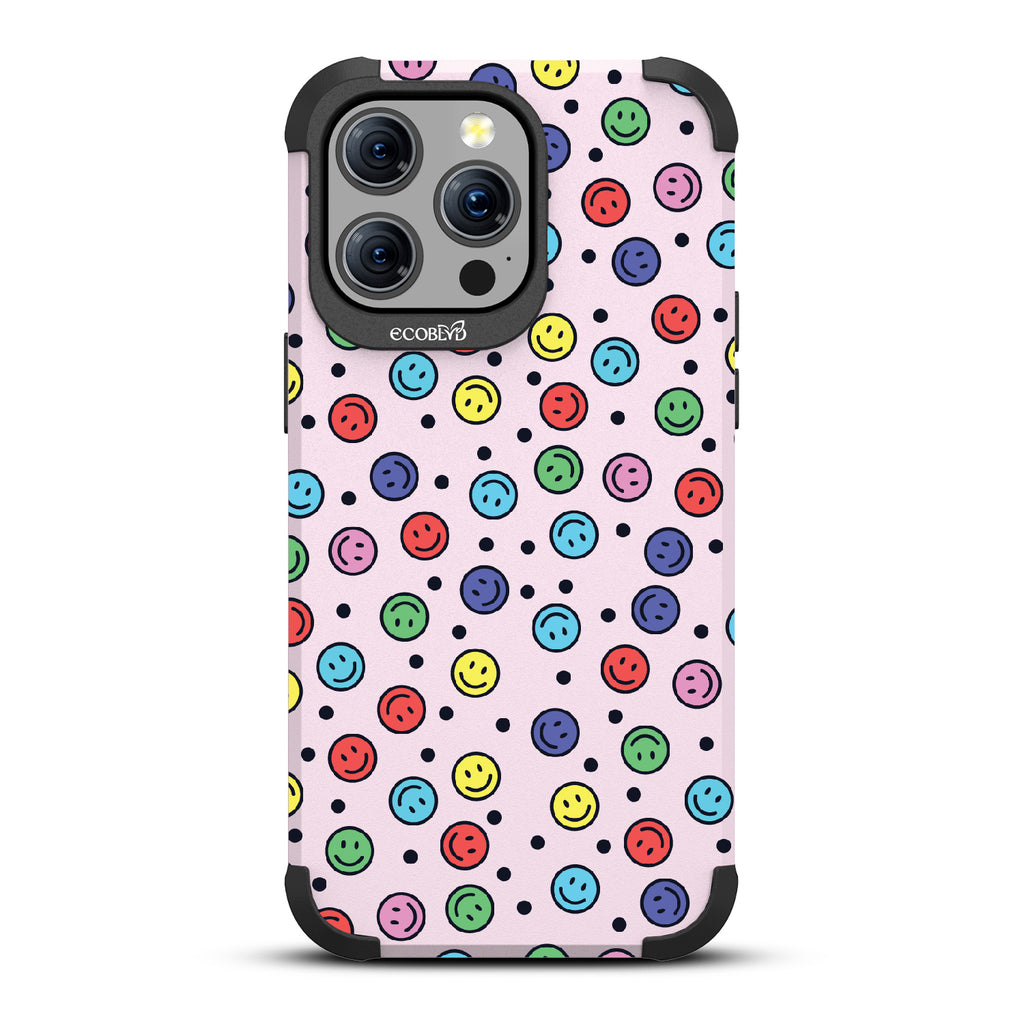 All Smiles - Multi Colored Smiley Faces & Black Dots - Pastel Lilac Eco-Friendly Rugged iPhone 15 Pro Max MagSafe Case 