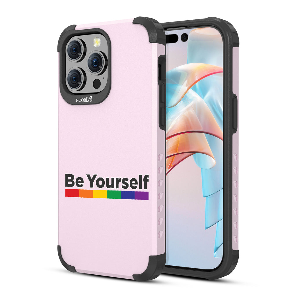 Be Yourself - Back View Of Pastel Lilac Eco-Friendly iPhone 15 Pro Max Rugged MagSafe Case & Front View Of Screen