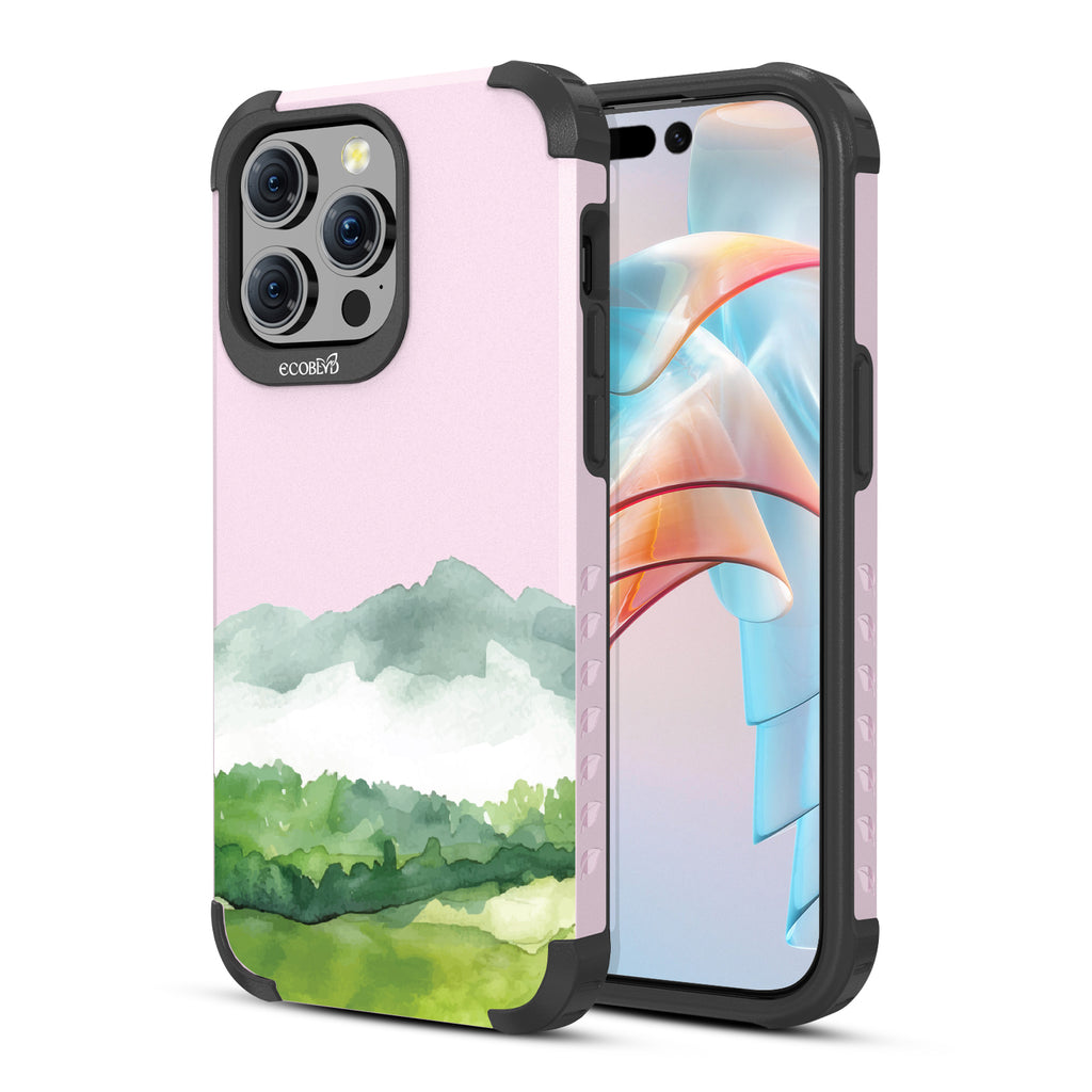 Front and back view of iPhone 15 Pro Max case, rugged compostable phone case in lilac, Open Horizon design