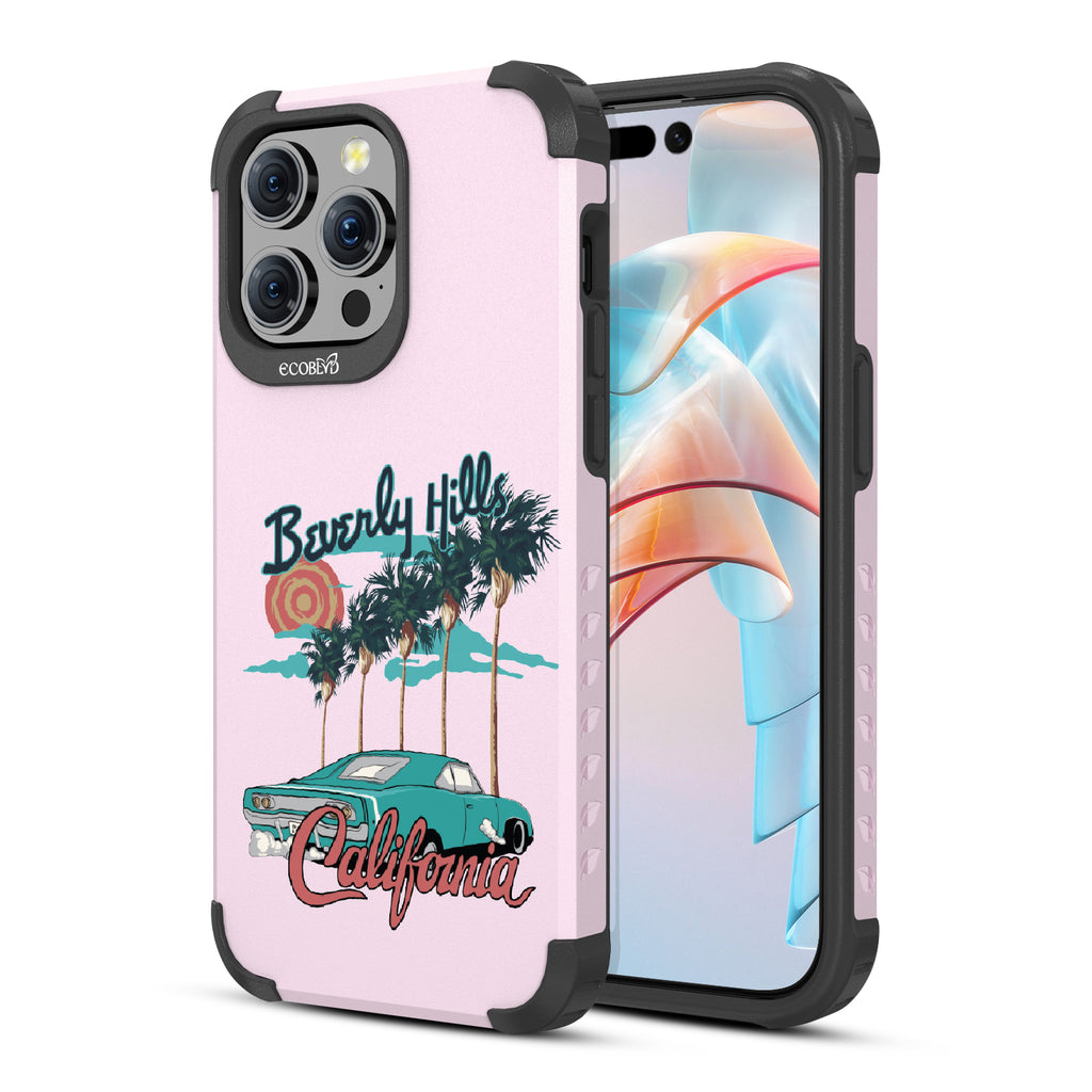 Front and back view of iPhone 15 Pto Max case, rugged compostable phone case in lilac, 90210 design