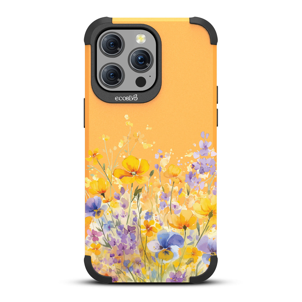 iPhone 15 Pro Max case, rugged compostable phone case in yellow, back view, Meadowlight design