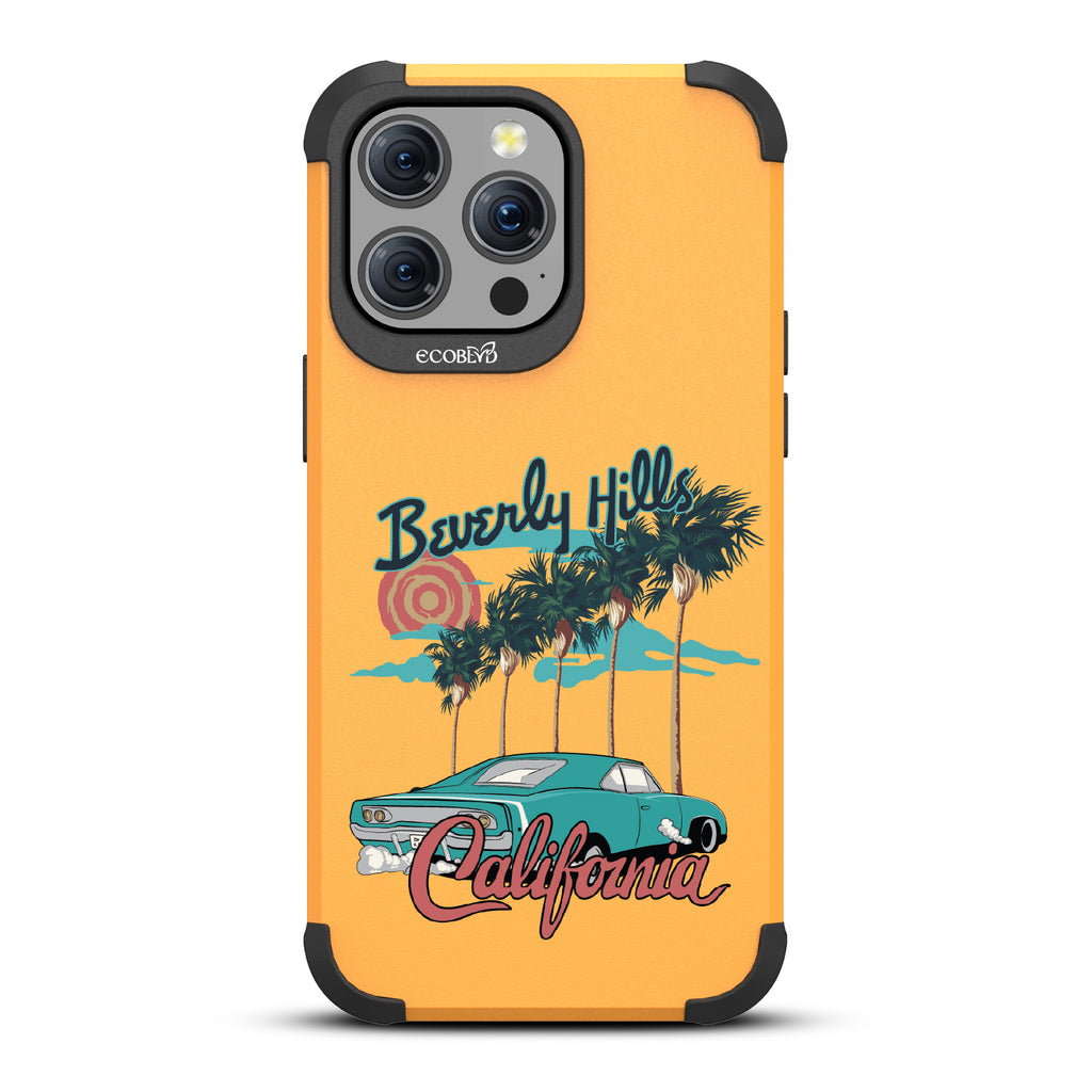 iPhone 15 Pro Max case, rugged compostable phone case in yellow, back view, 90210 design

