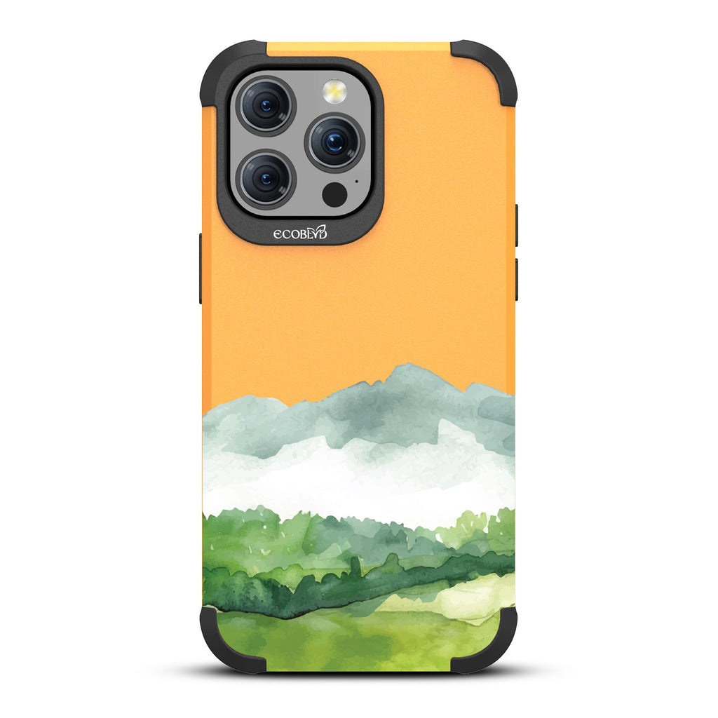 iPhone 15 Pro Max case, rugged compostable phone case in yellow, back view, Open Horizon design