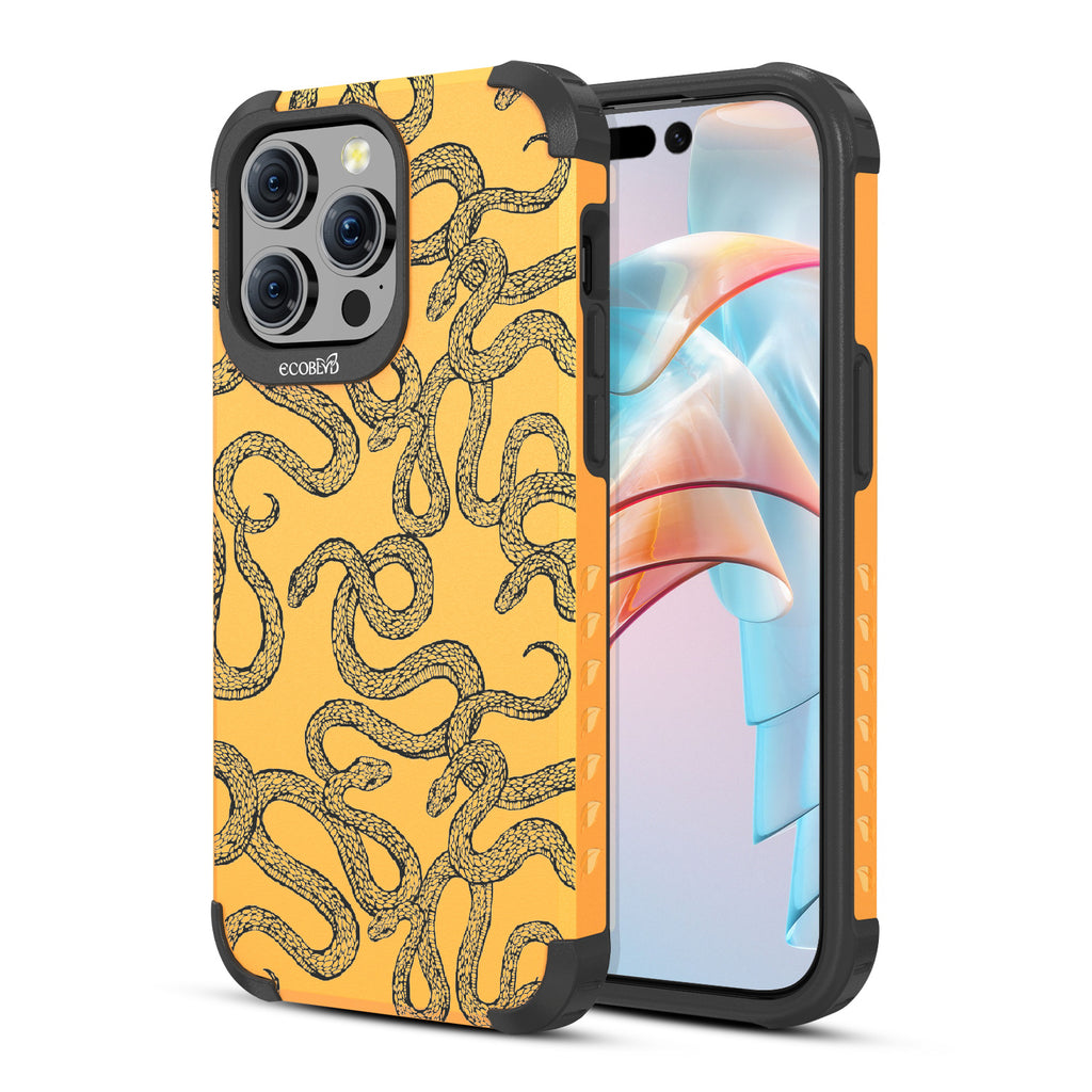 Mojave Collection - Back Of Yellow Pink Rugged Eco-Friendly iPhone 15 Pro Max Case & A Front View Of The Screen