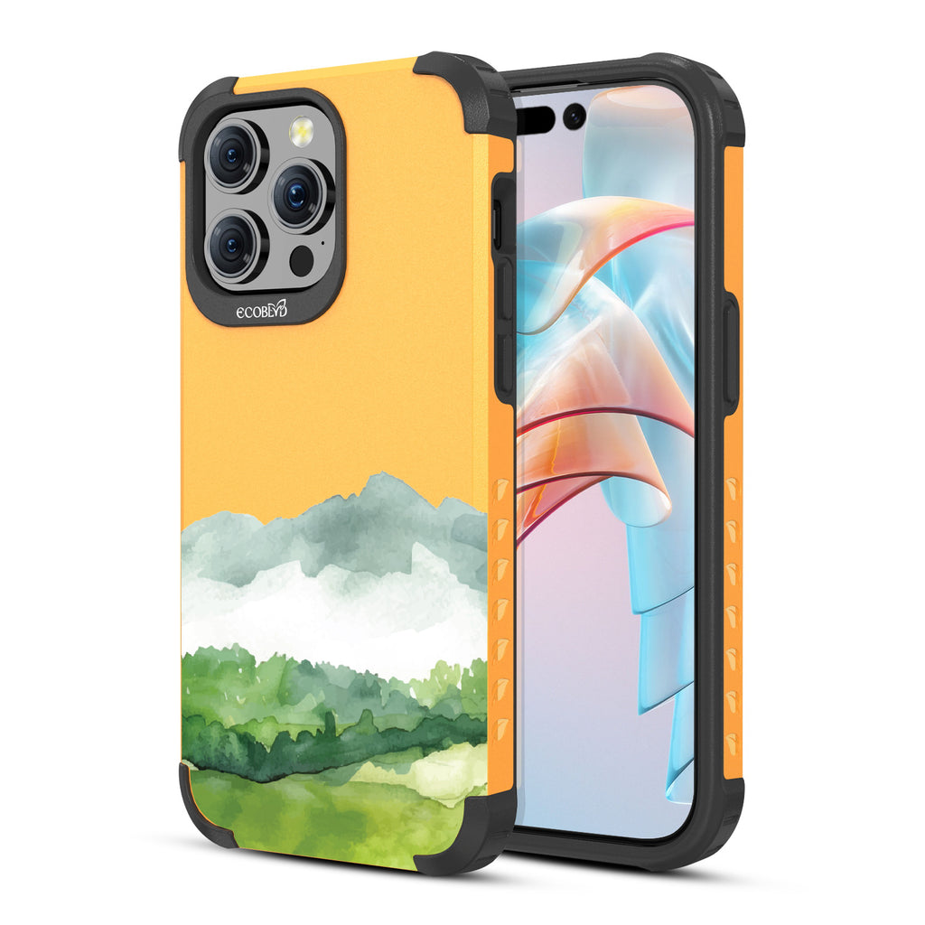 Front and back view of iPhone 15 Pro Max case, rugged compostable phone case in yellow, Open Horizon design