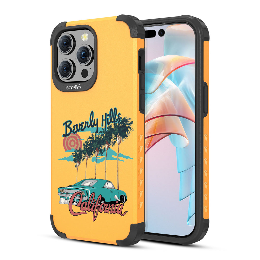 Front and back view of iPhone 15 Pro Max case, rugged compostable phone case in yellow, 90210 design