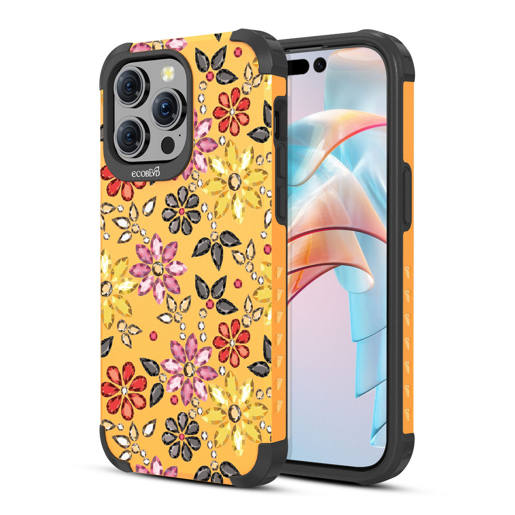 Bejeweled - Back View Of Yellow Eco-Friendly iPhone 15 Pro Max Rugged MagSafe Case & Front View Of Screen