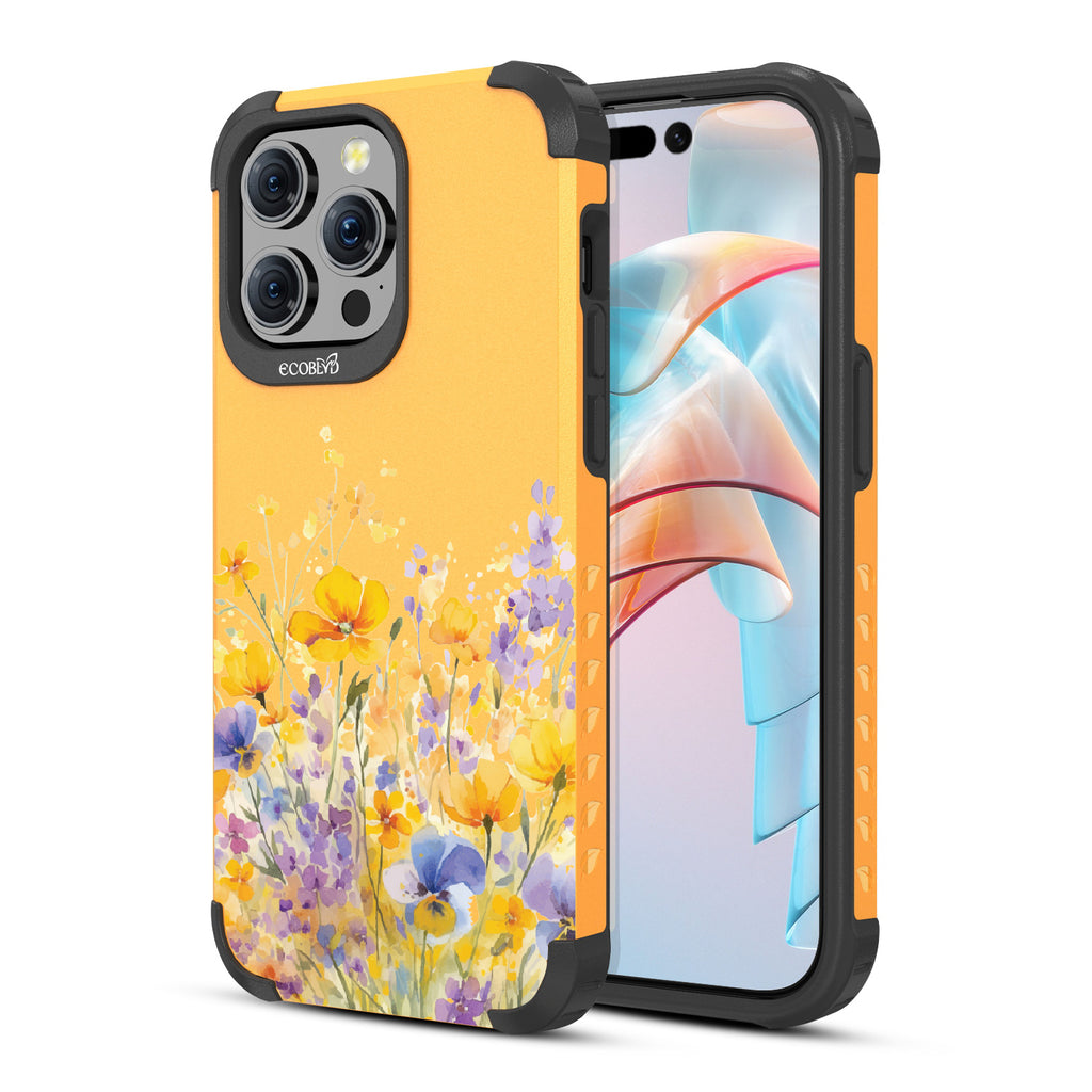 iPhone 15 Pro Max case, rugged compostable phone case in yellow, back view, Meadowlight design