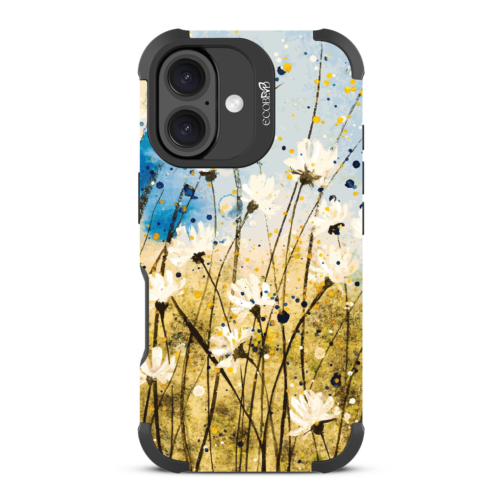 iPhone 16 case, rugged, sustainable phone case in black, back view, Dandelion Dance design