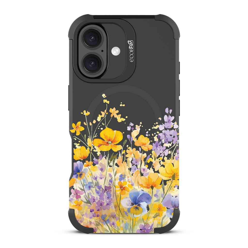 iPhone 16 case, rugged, sustainable phone case in black, back view, Meadowlight design