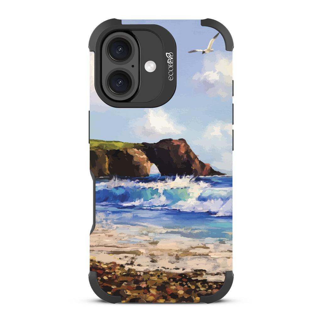 iPhone 16 case, rugged, sustainable phone case in black, back view, Cliffhanger design