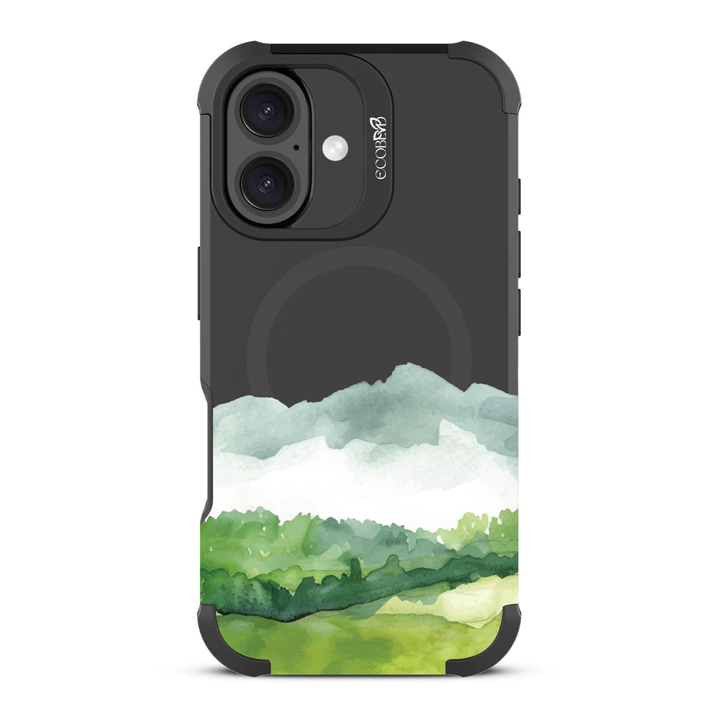 iPhone 16 case, rugged, sustainable phone case in black, back view, Open Horizon design