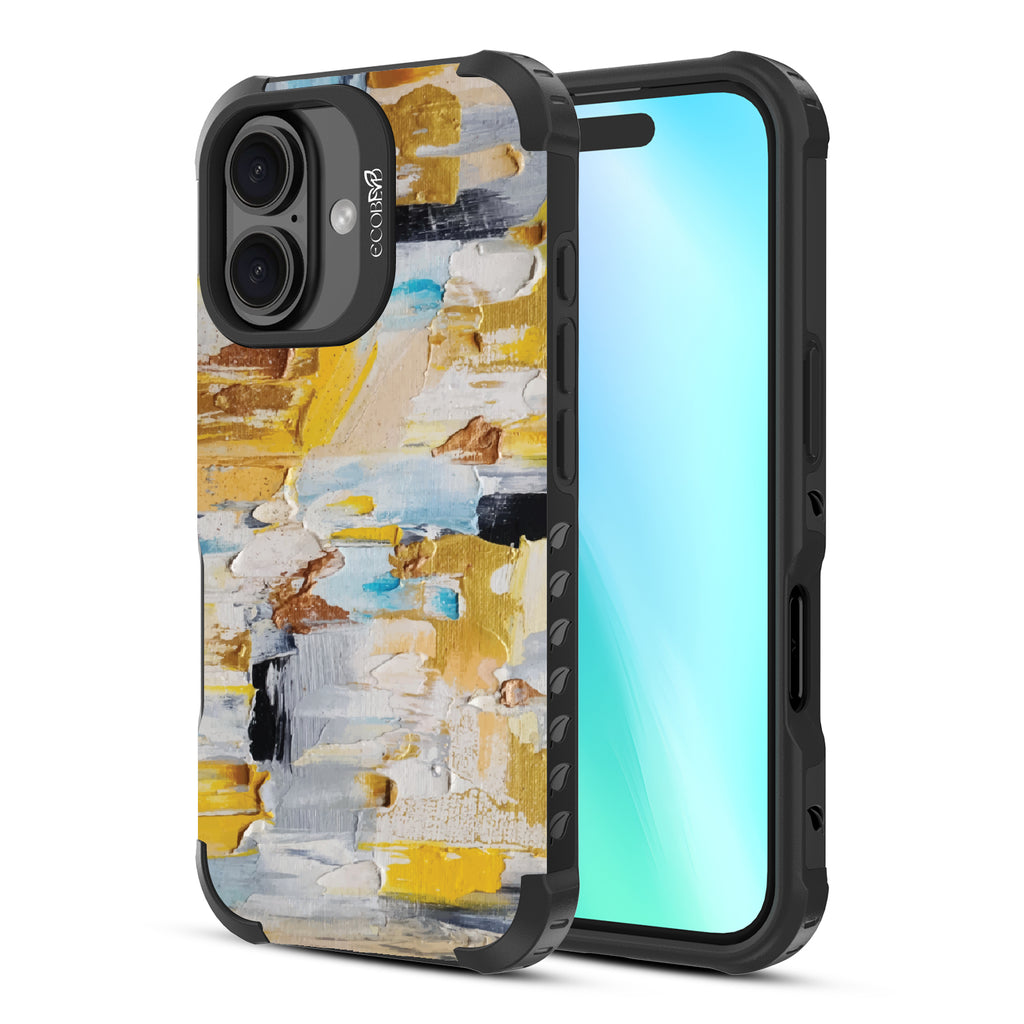 Front and back view of iPhone 16 case, rugged, sustainable phone case in black, Lighten Up design