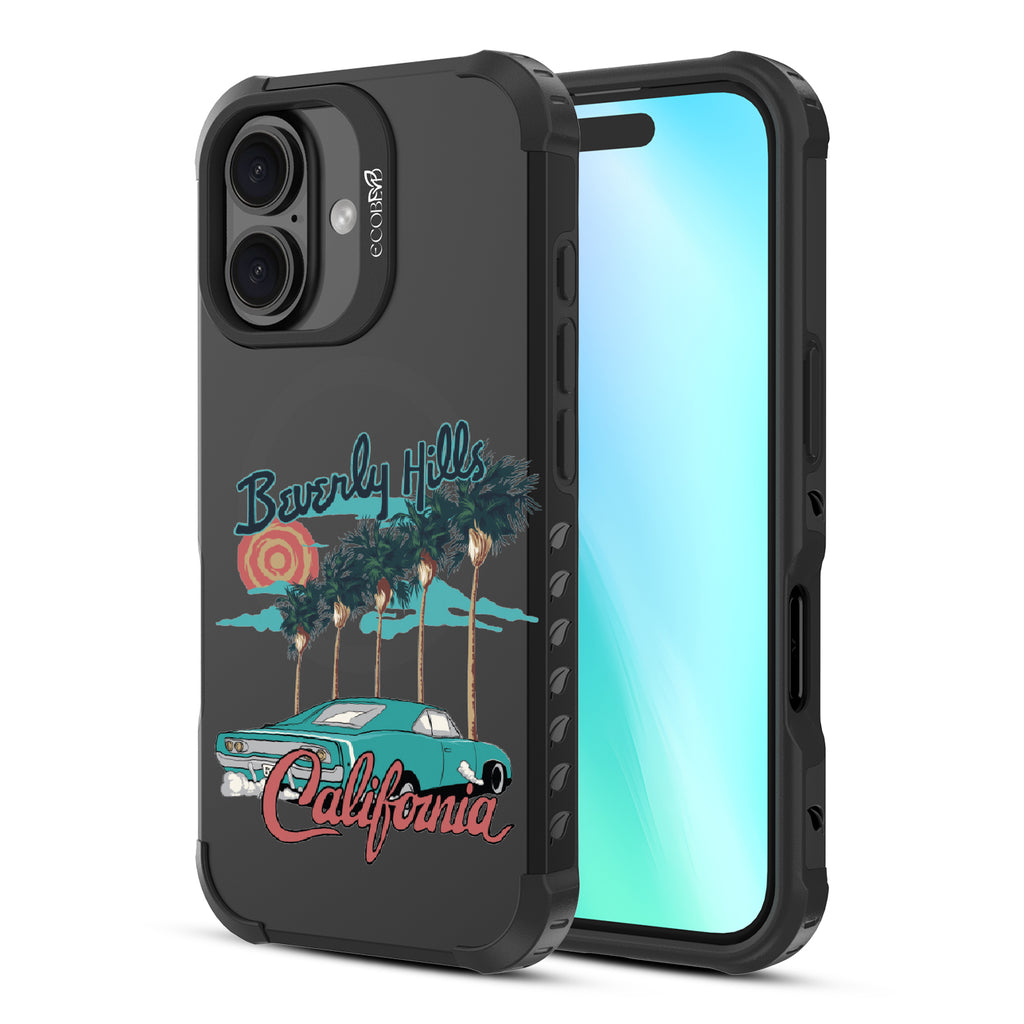Front and back view of iPhone 16 case, rugged, sustainable phone case in black, 90210 design