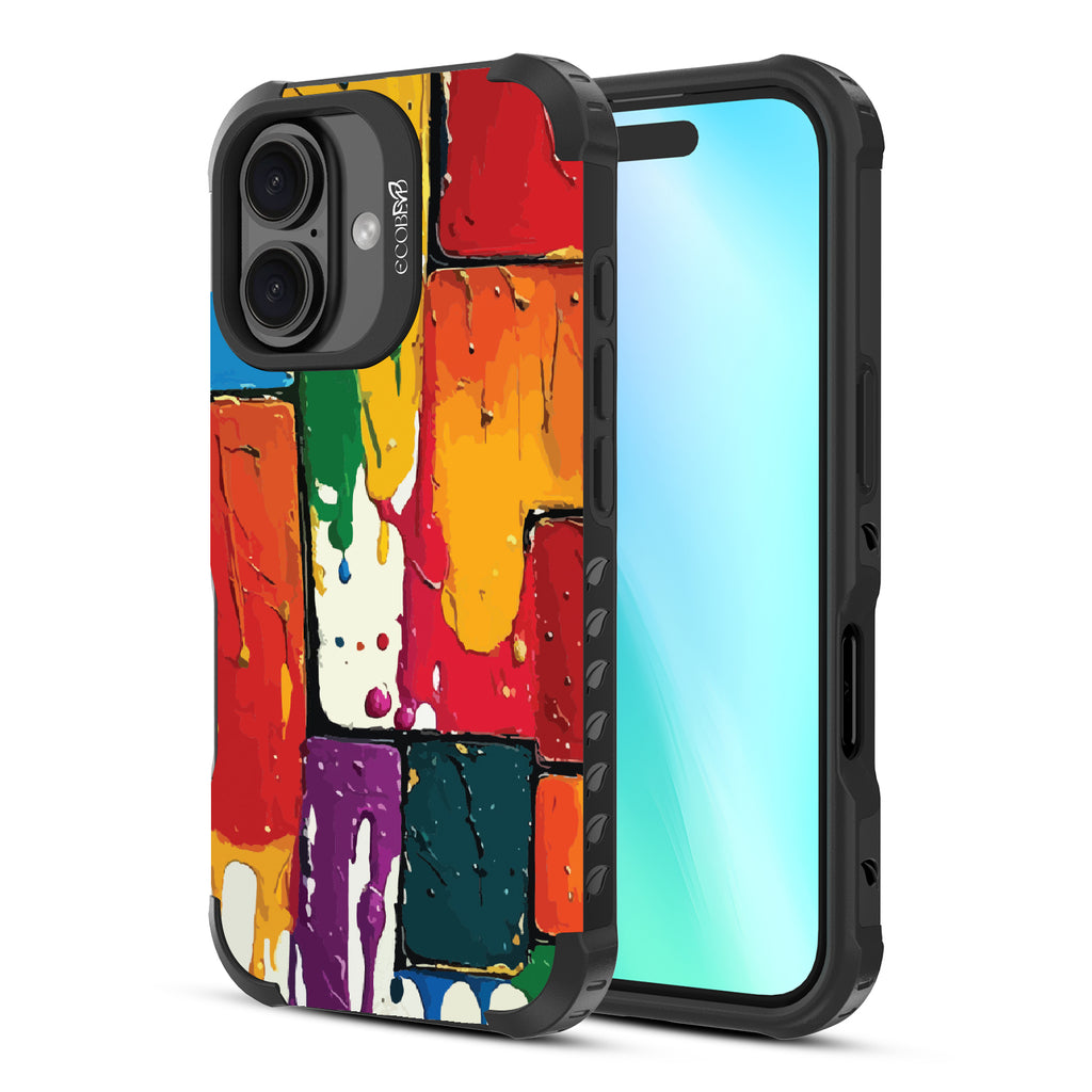 Front and back view of iPhone 16 case, rugged, sustainable phone case in black, Color Me Mine design