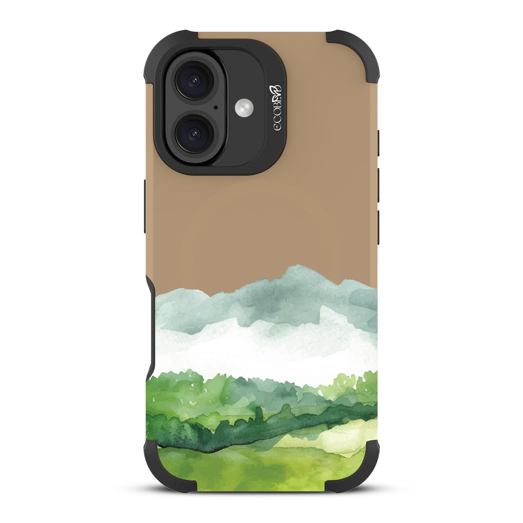 iPhone 16 case, rugged, sustainable phone case in brown, back view, Open Horizon design