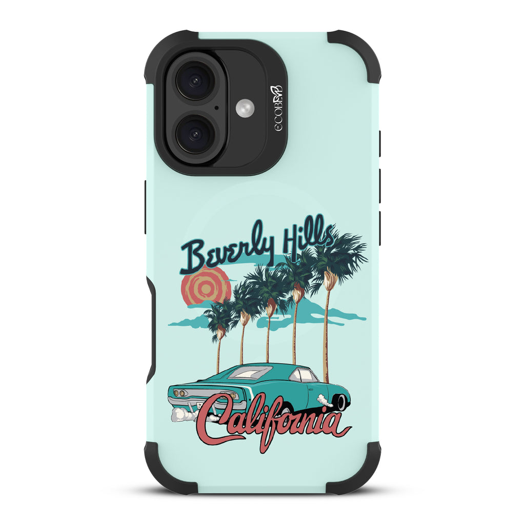 iPhone 16 case, rugged, sustainable phone case in green, back view, 90210 design