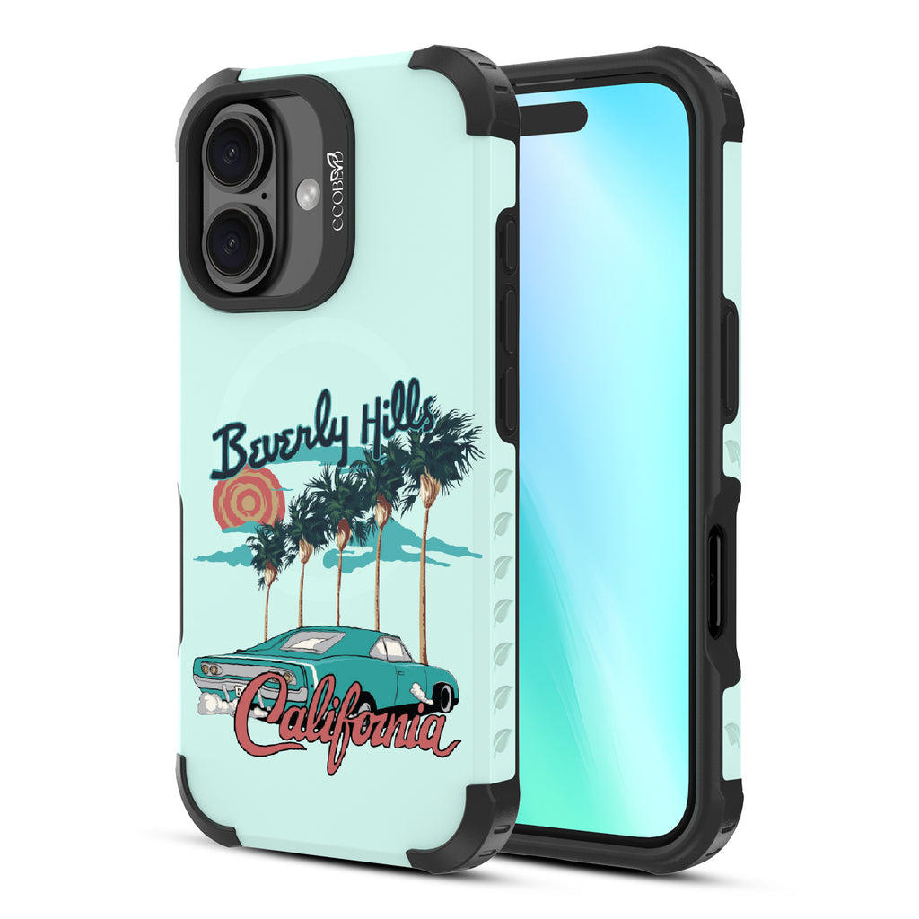 Front and back view of iPhone 16 case, rugged, sustainable phone case in green, 90210 design