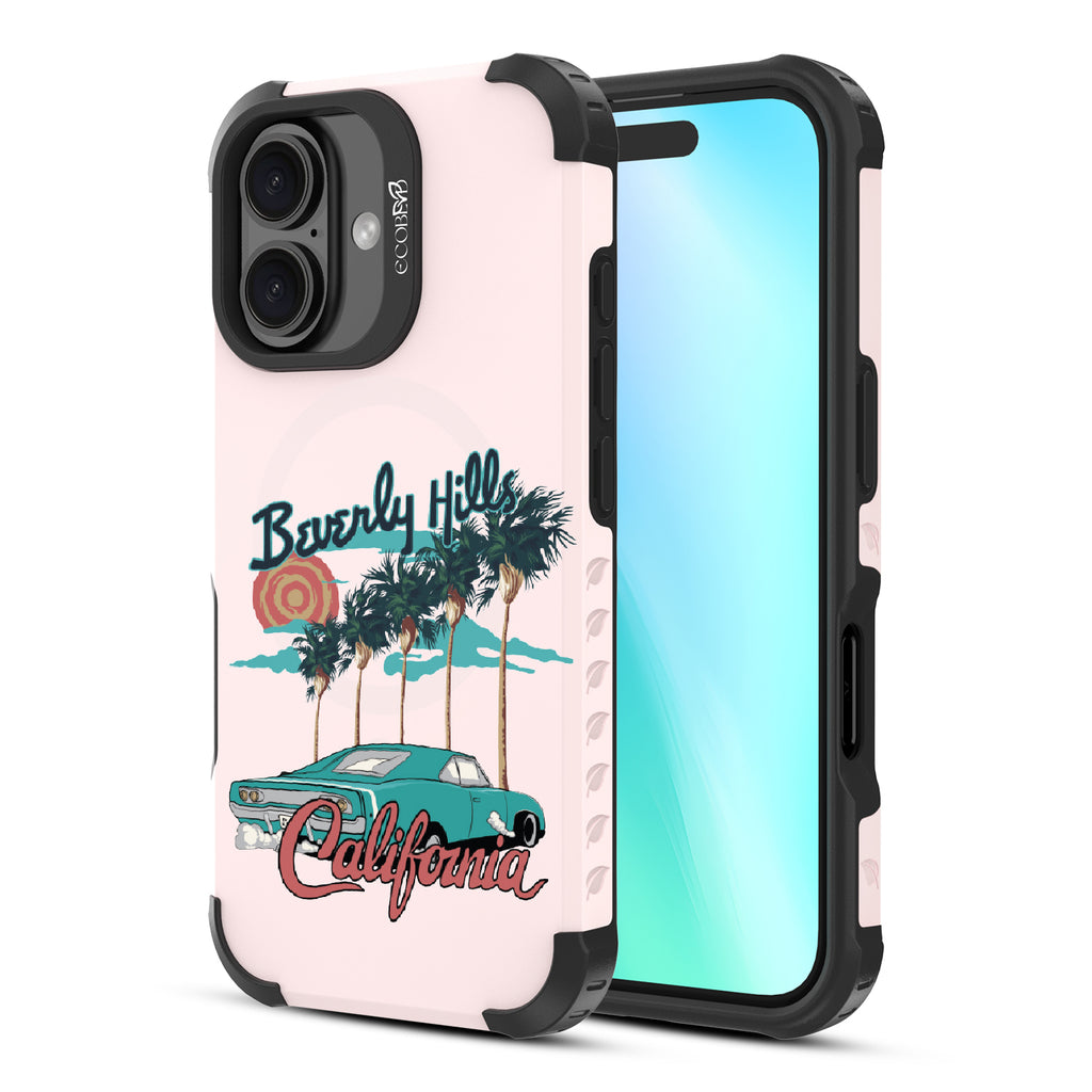 Front and back view of iPhone 16 case, rugged, sustainable phone case in pink, 90210 design