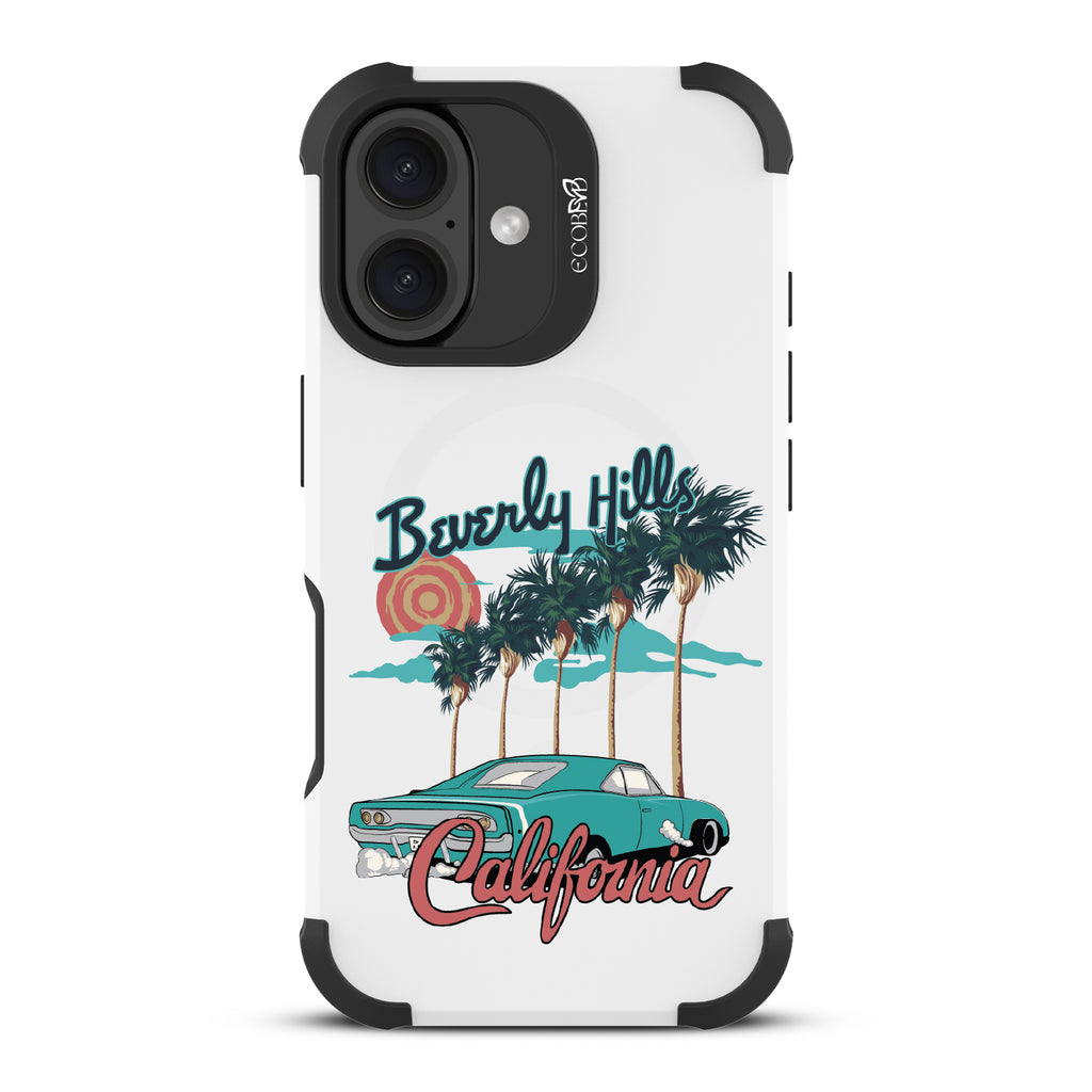 iPhone 16 case, rugged, sustainable phone case in white, back view, 90210 design
