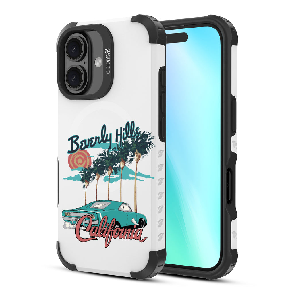 Front and back view of iPhone 16 case, rugged, sustainable phone case in white, 90210 design
