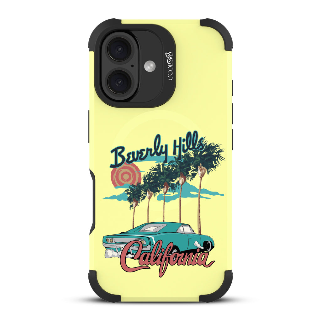 iPhone 16 case, rugged, sustainable phone case in yellow, back view, 90210 design