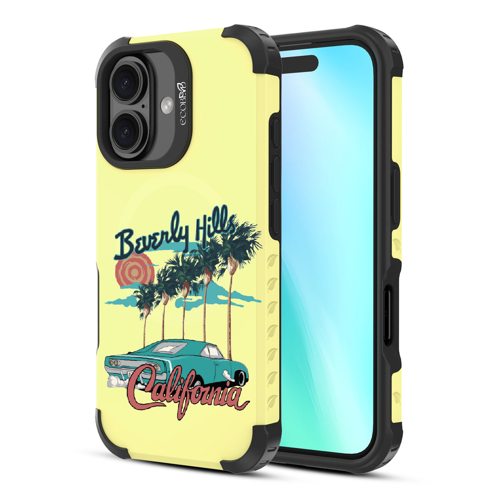 Front and back view of iPhone 16 case, rugged, sustainable phone case in yellow, 90210 design