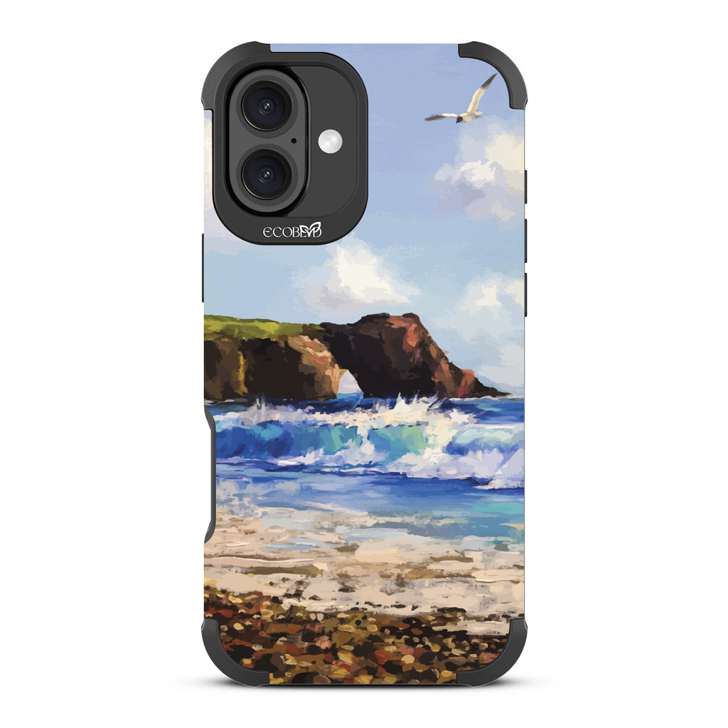 iPhone 16 Plus case, rugged, sustainable phone case in black, back view, Cliffhanger design