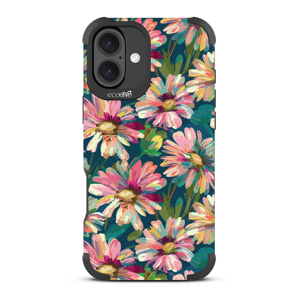 iPhone 16 Plus case, rugged, sustainable phone case in black, back view, Daisy Dusk design