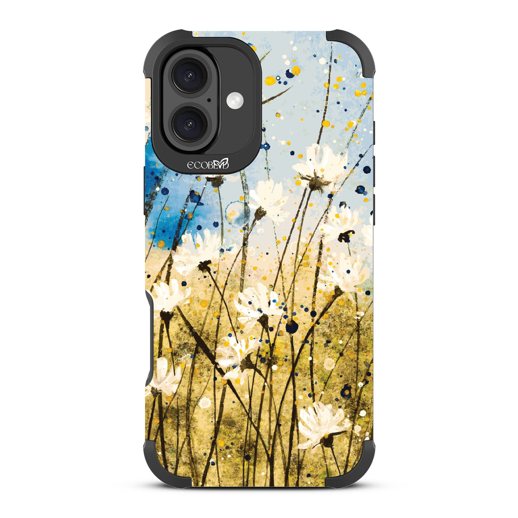 iPhone 16 Plus case, rugged, sustainable phone case in black, back view, Dandelion Dance design