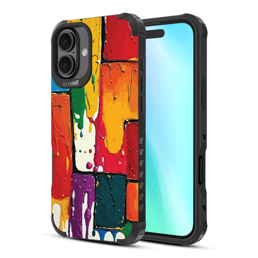 Front and back view of iPhone 16 Plus case, rugged, sustainable phone case in black, Color Me Mine design