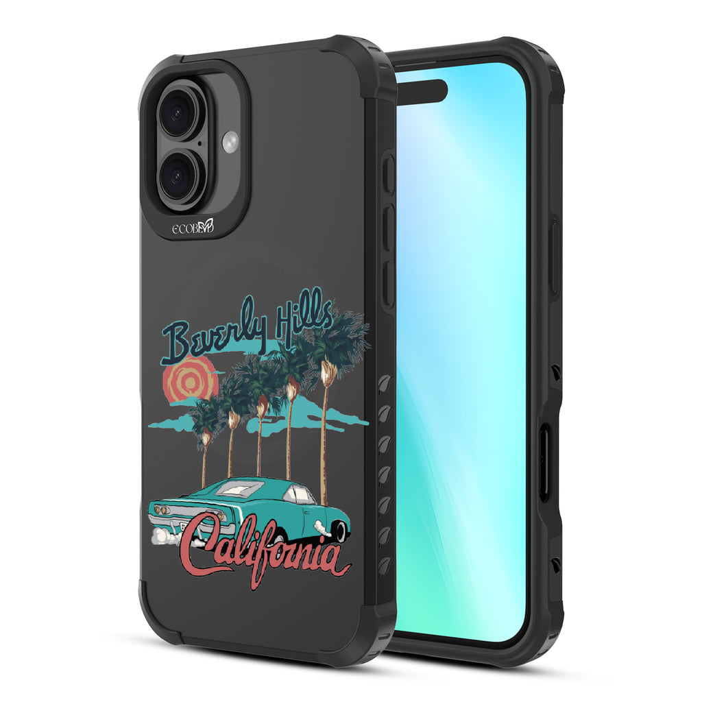 Front and back view of iPhone 16 Plus case, rugged, sustainable phone case in black, 90210 design