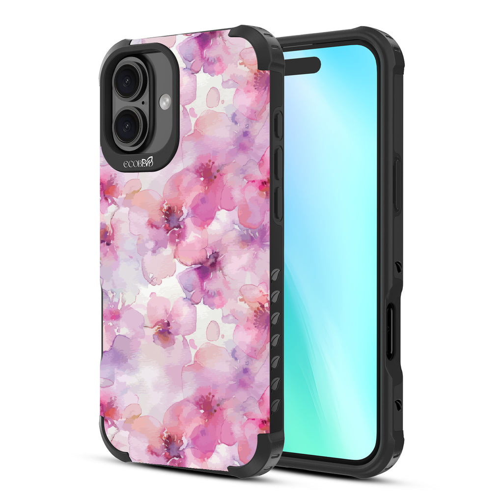 Front and back view of iPhone 16 Plus case, rugged, sustainable phone case in black, Rosewater design