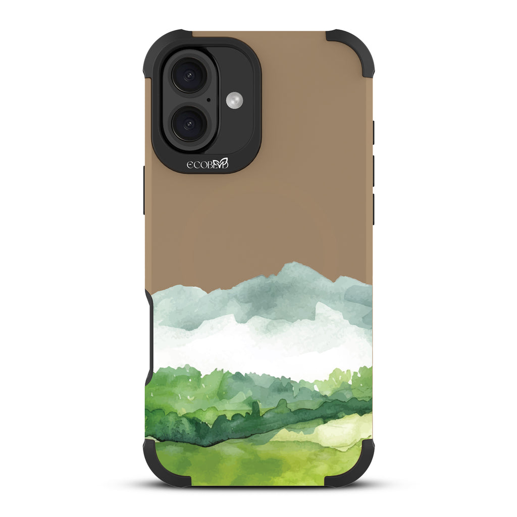 iPhone 16 Plus case, rugged, sustainable phone case in brown, back view, Open Horizon design
