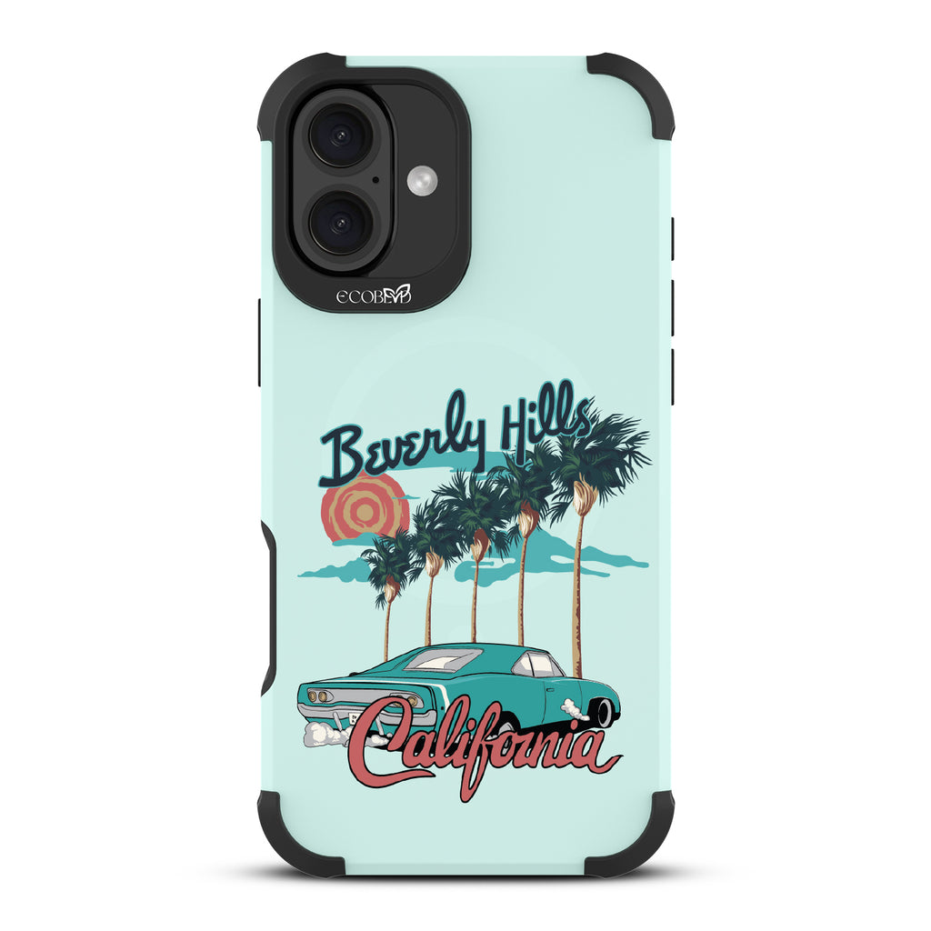 iPhone 16 Plus case, rugged, sustainable phone case in green, back view, 90210 design