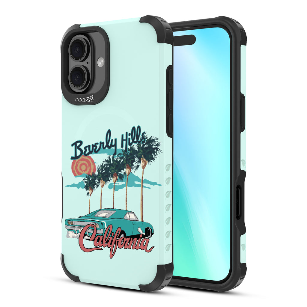 Front and back view of iPhone 16 Plus case, rugged, sustainable phone case in green 90210 design